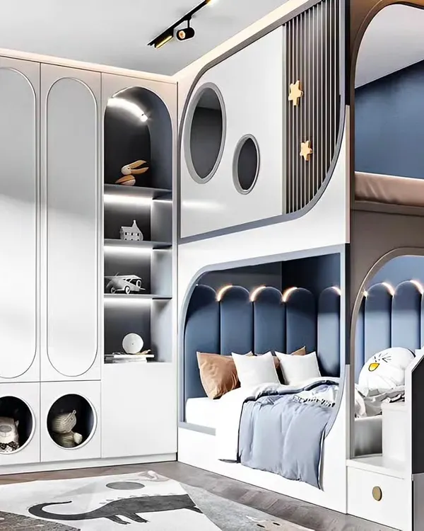 A whimsical and highly functional bunk bed design. This piece features cozy sleeping nooks with unique curved cutouts, integrated storage shelves, and stairs with built-in drawers.