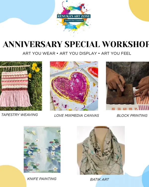 An announcement for our special anniversary workshops, featuring a diverse range of arts including tapestry weaving, block printing, knife painting, and batik art.