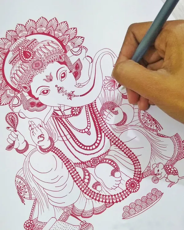 This detailed Ganesha drawing in red ink is a labor of love. Over the years, I have depicted Ganesha on many surfaces, and each piece marks a different stage in my artistic journey.