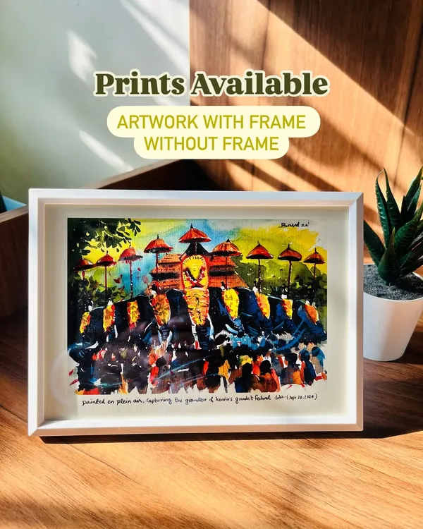This is a piece of my home, Kerala, captured during the vibrant Thrissur Pooram festival. I painted this live, or 'en plein air', to truly feel the energy of the drums and the sea of people. This print, available framed or unframed, is a way to bring that incredible warmth and culture into your own space.