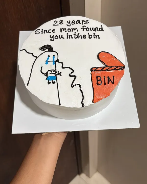 "28 years since mom found you in the bin." This funny sibling cake is one of my most popular designs for bringing some playful teasing to birthday celebrations.