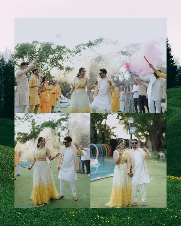 A collage capturing the fun and energy of a Haldi ceremony. We used colored smoke to add a dramatic and festive flair to the couple's celebration with their friends.