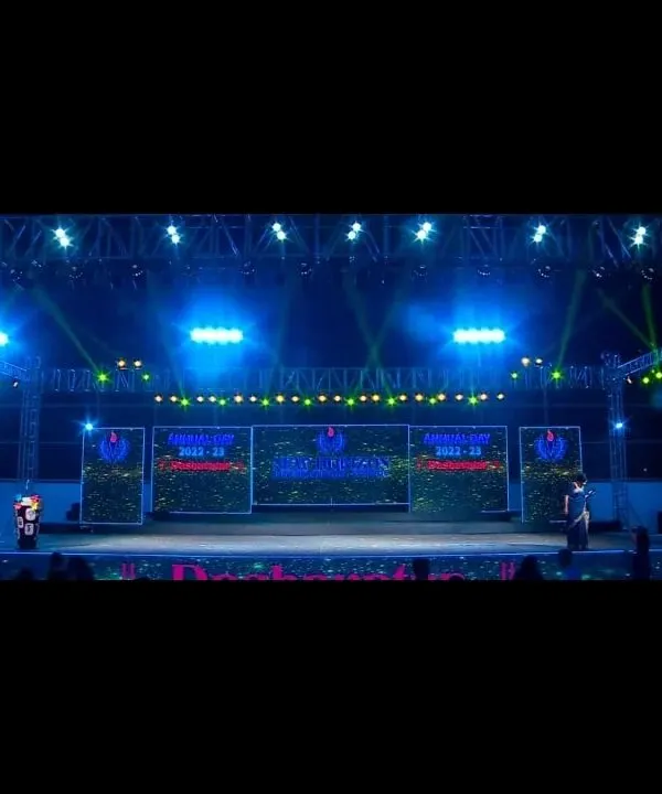 We provide complete technical production for large events like school annual days. This includes a wide stage with multiple LED screens, a professional lighting rig, and sound systems to support the performances.