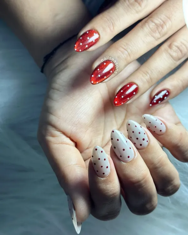 It's officially polka dot season. This fun design alternates between a sheer red jelly polish with white dots and a white base with red dots.