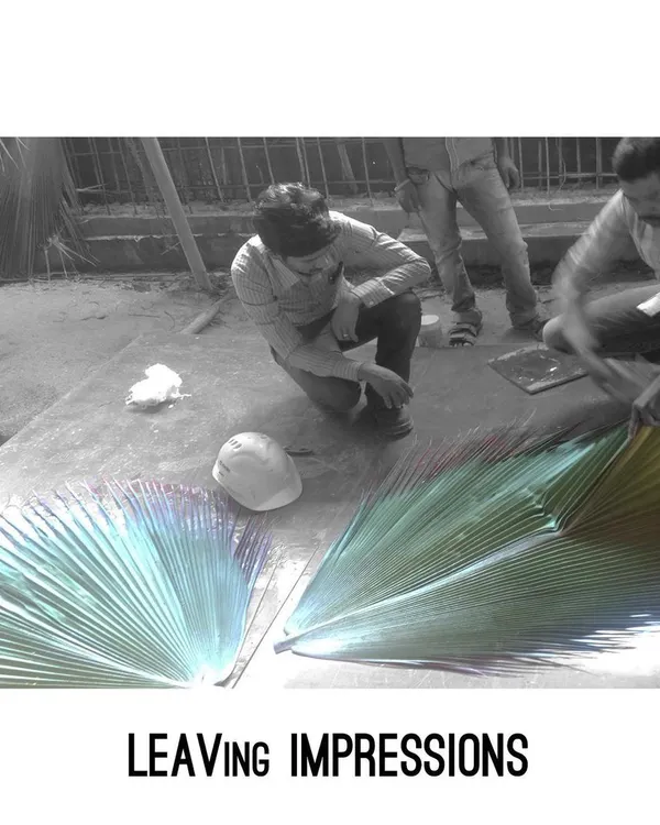 This image captures the process of creating our signature leaf-imprinted concrete. We carefully press large palm leaves into wet concrete, leaving behind a beautiful, natural texture that is truly one of a kind.