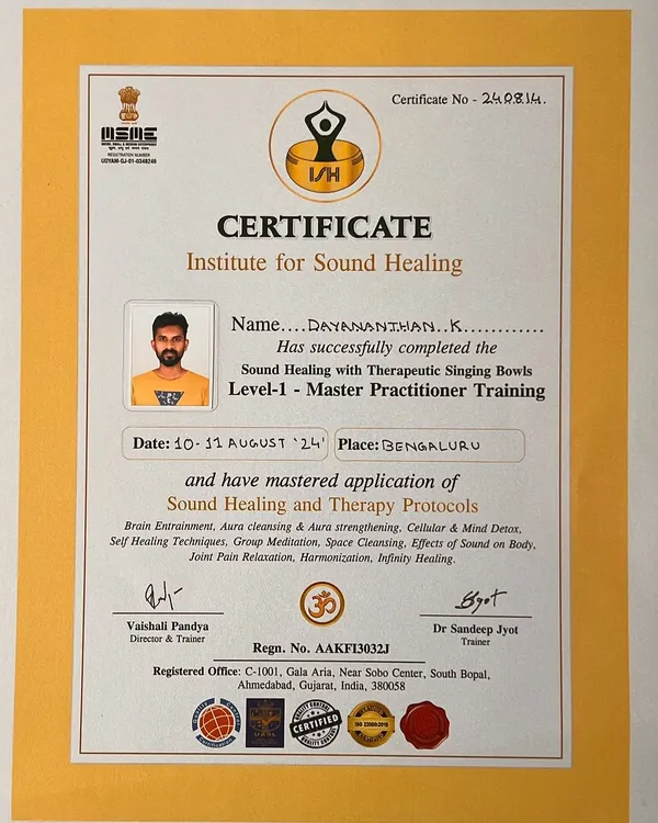 My certificate from the Institute for Sound Healing. This represents my successful completion of the Level 1 Master Practitioner Training, where I mastered the application of sound healing and therapy protocols.