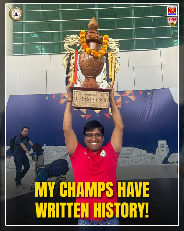 "My champs have written history!" Our President, Anuj Gupta, holding the Climate Cup trophy. This victory is a culmination of years of hard work and belief in our young players.