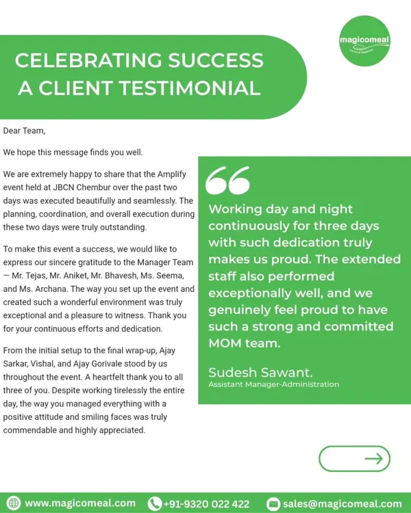 This client testimonial from the JBCN Group praises our team's dedication and seamless execution during a three-day event. We are proud to have such a strong and committed team.