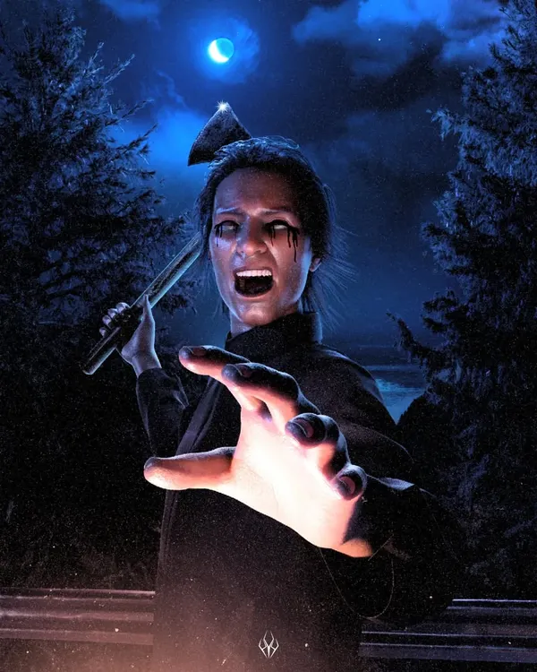 The first chapter of my 'Flicker Island' narrative. This scene depicts a character possessed and driven to madness, with bleeding eyes and a glowing hand. The piece is designed to establish the story's violent, supernatural tone.