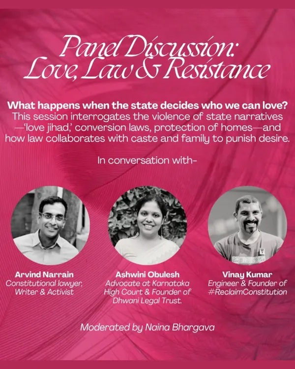 We host critical conversations like this panel discussion on 'Love, Law & Resistance'. Our space is a venue for public dialogue on important social issues, featuring activists, lawyers, and writers.