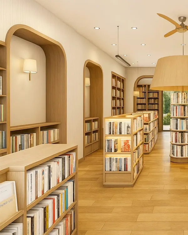 An overview of the library at Queen's College, Indore, showcasing the organized flow of the space. Arched niches, low-profile shelving, and an oversized pendant light create a harmonious and visually interesting environment for learning.