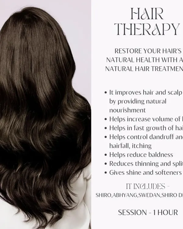 My natural hair therapy is designed to restore your hair's health from the roots. It helps control dandruff and hair fall, reduces thinning, and gives your hair natural shine and softness through treatments like Shiro Abhyang and Shiro Dhupan.