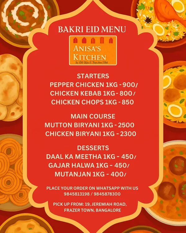 Our special menu for Bakri Eid, featuring starters like Pepper Chicken, main courses like Mutton Biryani, and classic desserts such as Daal ka Meetha.