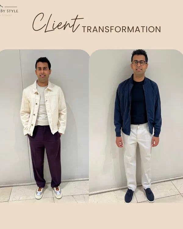 Here's another look from my client Karan's transformation. We swapped out a casual jacket for a structured bomber and traded baggy trousers for crisp white pants. This simple change creates a much sharper, more put-together casual look.