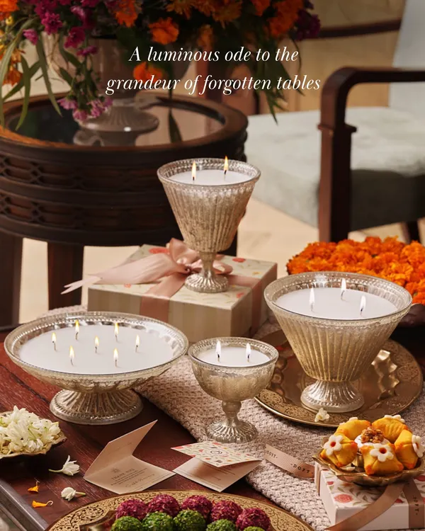 I believe every piece should tell a story. This is my Heritage Heirloom collection, set for a festive gathering. Each vessel, from the grand multi-wick bowls to the delicate goblets, is crafted in silver-toned glass to feel like a treasured antique, bringing a luminous glow to your modern traditions.