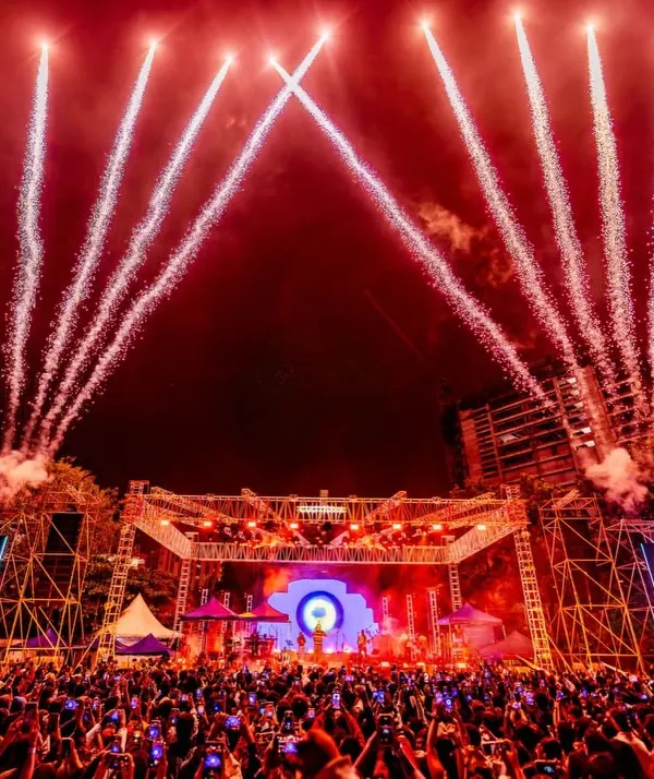A view of the massive stage setup for the Sanjith Hegde concert. We handle everything from the structural rigging and sound systems to the synchronized pyrotechnics that light up the night sky.