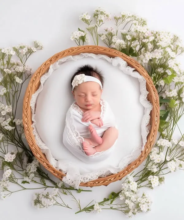 A newborn girl sleeps peacefully, nestled in a wicker basket surrounded by a halo of delicate white baby's breath flowers. This portrait captures the pure, serene beauty of a new life, showcasing a classic and timeless newborn photography style.