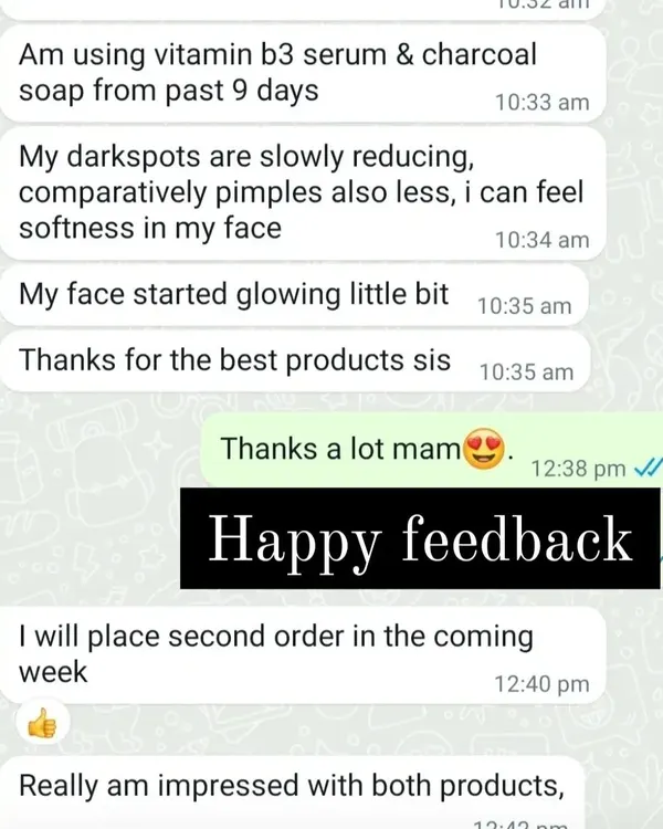 In just nine days, this customer noticed their dark spots reducing and skin feeling softer after using the Vitamin B3 serum and charcoal soap. It's wonderful to hear that my products are helping them get a little glow.
