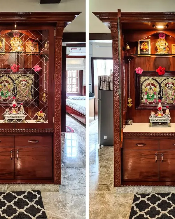 This before-and-after view shows a magnificent traditional pooja unit with its doors closed and open. The exterior features ornate carvings and diamond-patterned glass, while the interior reveals a well-lit marble platform for deities, creating a dedicated and divine space.