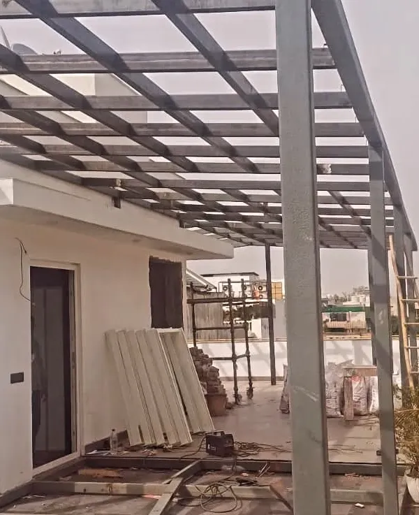 This is a look at one of our projects in progress. We use prefabricated steel structures to ensure rapid construction and a clean, modern aesthetic. This framework will soon become part of a beautiful and functional living space.