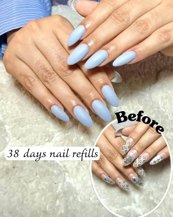 This shows the amazing durability of my work. The top image is the fresh set of matte blue nails, and the "before" inset shows the previous design after 38 days of growth with no lifting.