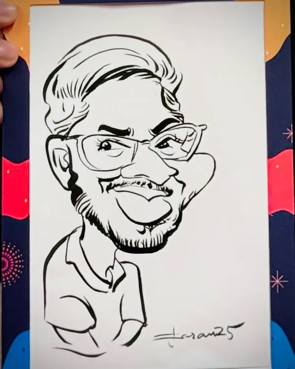 A close-up of a finished caricature from the Fractal25 corporate event. The bold lines and exaggerated features capture the guest's personality.