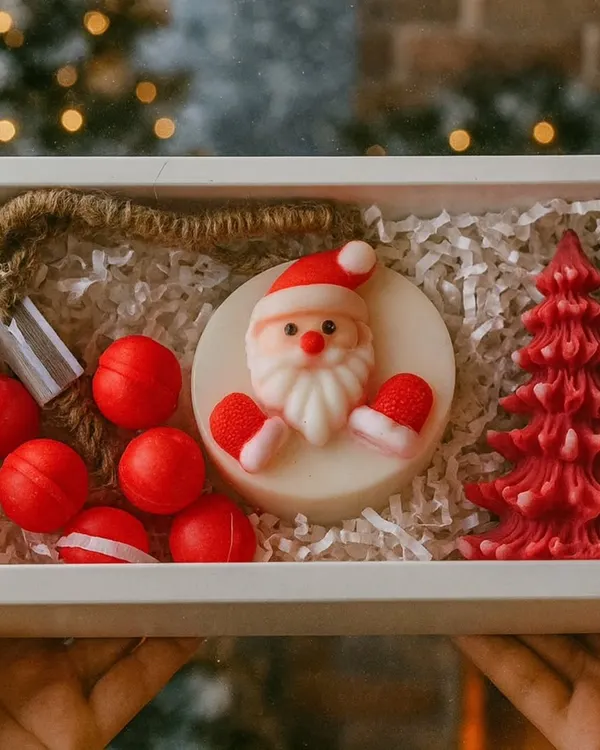 A classic Christmas gift box with a Santa soap, tree candle, and hanging grape soaps. It’s a perfect secret Santa gift.