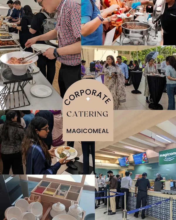 A collage of our corporate catering services in action, from elegant buffet lines to guests enjoying their meals. We handle events of all sizes with professionalism and flair.