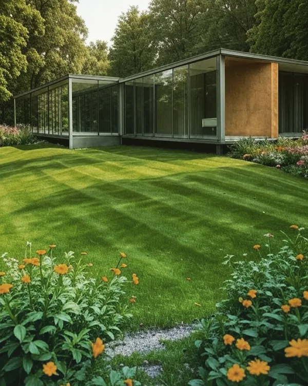 An architectural concept of a linear glass house nestled in a lush, manicured landscape. The design emphasizes transparency and a harmonious relationship with the surrounding greenery, a core principle of our garden room philosophy.
