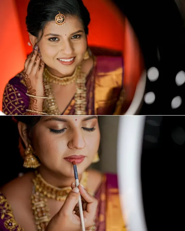 A collage capturing the bride-to-be getting ready for her engagement. The top photo shows her happy smile, while the bottom focuses on the final touches of her makeup.