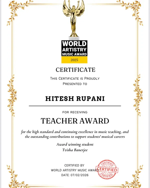 This Teacher Award from the World Artistry Music Awards is a recognition of our commitment to excellence in music teaching and our contribution to our students' musical careers.