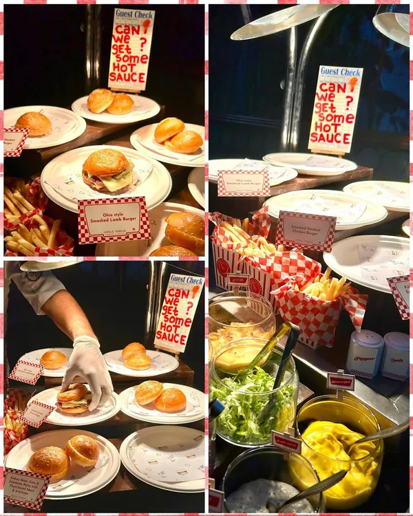 A collage capturing the dynamic atmosphere of our burger bar. From assembling the burgers to the array of fresh condiments, this shows the complete, interactive setup that gets guests excited.