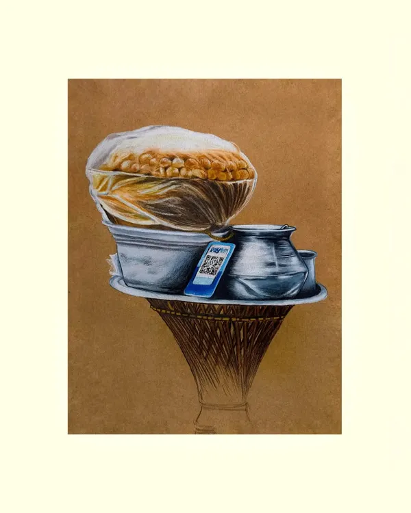 This colored pencil drawing captures a familiar sight: a Golgappa stall. I love finding art in everyday moments, and this piece, rendered on brown paper to enhance the textures, is a tribute to the simple joys and vibrant street culture of India.