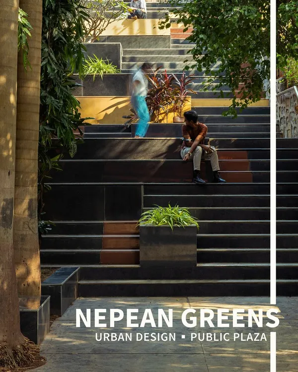 **Nepean Greens, Mumbai:** We transformed a neglected space into a vibrant, stepped public plaza. The wide platforms, created from black granite with highlights of Jaisalmer stone, invite people to sit, gather, and connect, turning a simple staircase into a community hub.