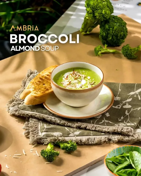 A warm and wholesome bowl of Broccoli Almond Soup, garnished with toasted almonds and served with grilled bread. A healthy and comforting start to any meal.