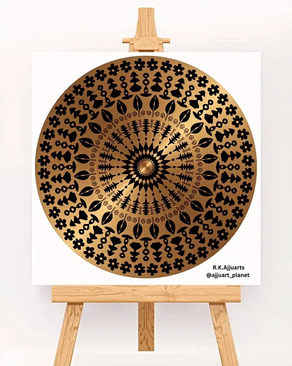 A simple yet elegant mandala created with black and gold colors. This design focuses on clean lines and floral and leaf motifs, offering a sophisticated and modern piece of decor.