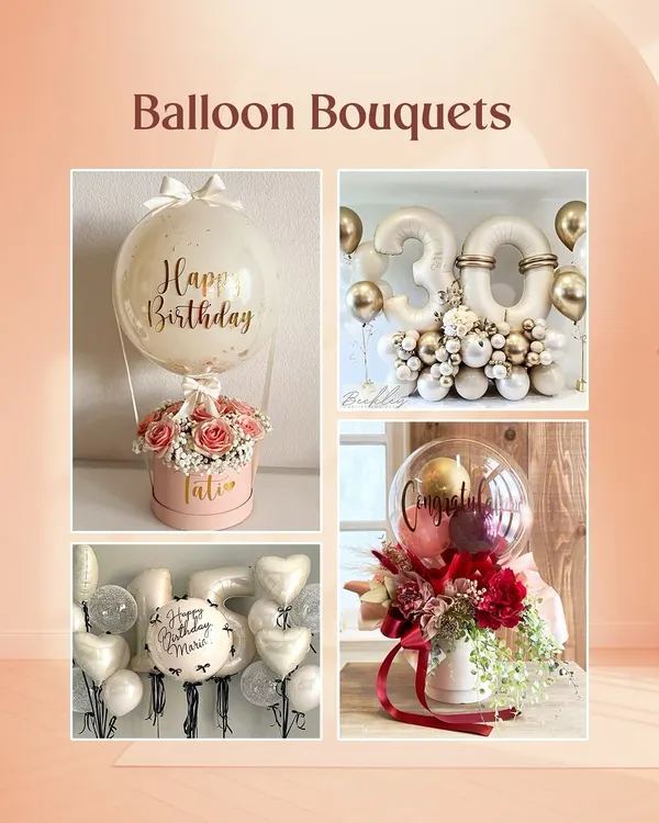 An overview of the types of balloon bouquets we create. This collage shows a personalized birthday Bobo Box, a large "30" milestone number arrangement, and other custom balloon and flower combinations.
