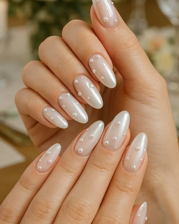 This is the perfect example of subtle luxury. These almond-shaped nails feature a pearlescent chrome base with delicate pearl embellishments, creating a timeless and elegant look ideal for brides or any special occasion.