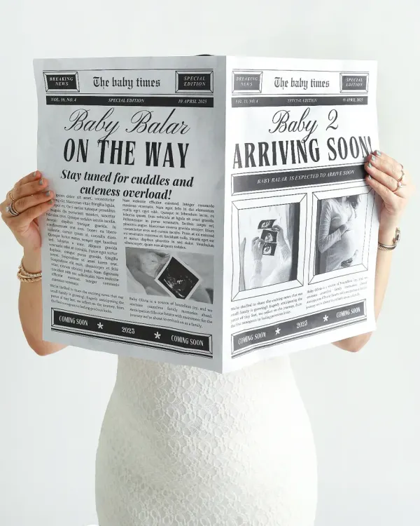 Extra, extra, read all about it. Using a custom "The Baby Times" newspaper is a fun and unique way to announce your pregnancy.