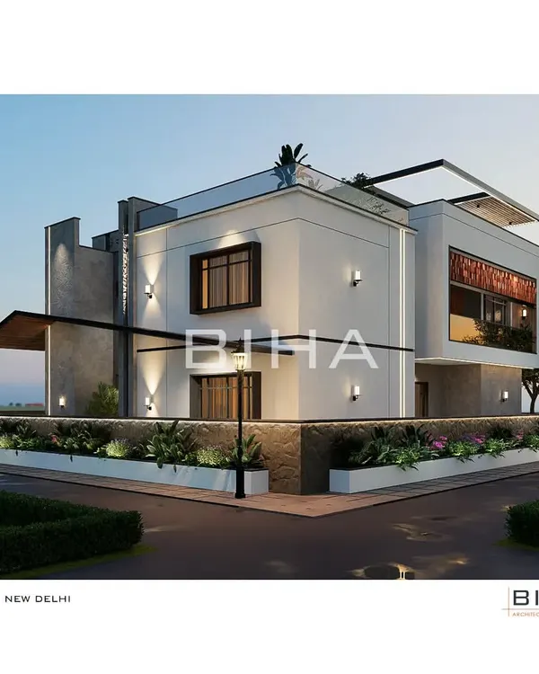 An architectural rendering of our upcoming contemporary residential project in New Delhi. The design features clean, interlocking volumes, strategic lighting, and a perimeter that blends landscaping with the structure.