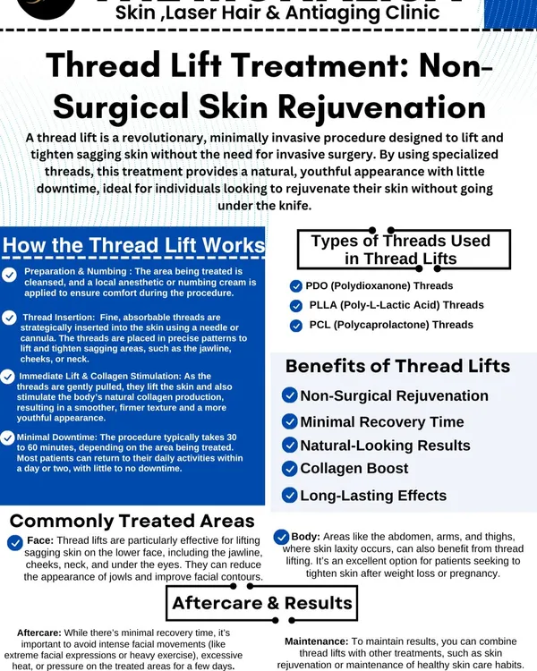 This comprehensive guide explains our Thread Lift treatment for non-surgical skin rejuvenation. It details how the procedure works, the types of threads used, its benefits like minimal recovery time, and the common areas we treat.