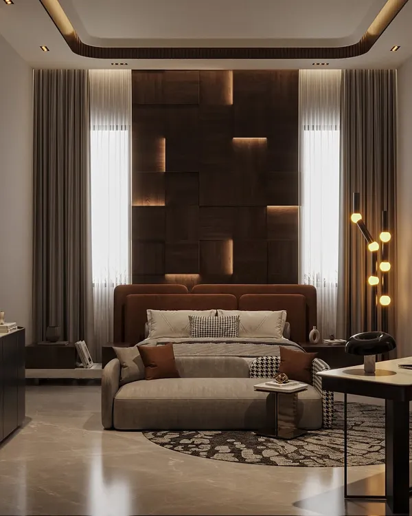 This bedroom is a layered interplay of shadow and softness, designed not just to rest, but to retreat. I used deep, rich tones to anchor the space, creating a sense of intimacy, while warm ambient lighting grazes the textures of wood and fabric, adding dimension. It’s a richly nuanced atmosphere that is tactile, immersive, and deeply personal.