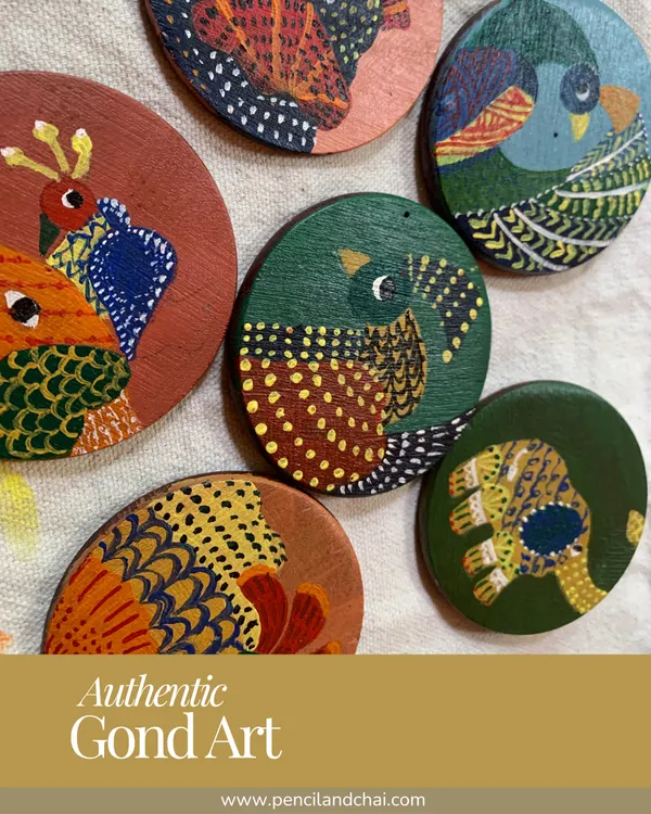 Beautifully painted wooden coasters featuring Gond art birds. This shows how the traditional motifs can be adapted to contemporary objects, a creative exploration we encourage in our classes.