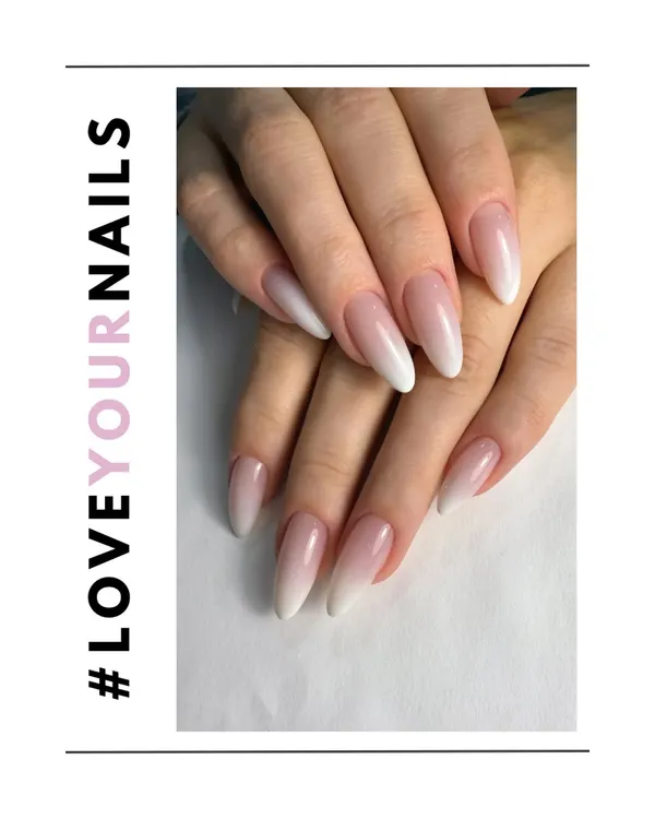 This is the kind of look I love creating: flawless, elegant, and timeless. These almond-shaped gel extensions feature a classic ombre nail design, blending from a soft nude base to a clean white tip, perfect for any occasion.