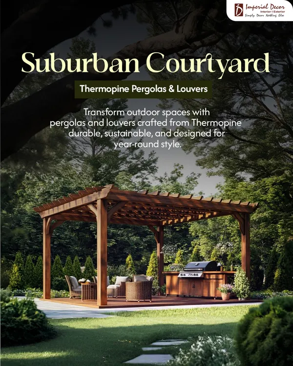 This is a classic suburban courtyard pergola we built using Thermopine. It’s designed to be durable and sustainable, creating a perfect year-round outdoor living room for grilling, dining, or just relaxing.
