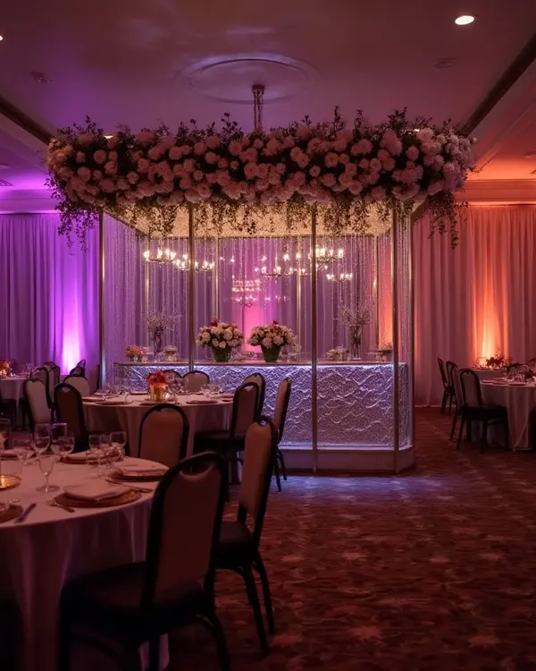 For this wedding reception, I created an elegant, fully-stocked mobile bar complete with floral arrangements and custom lighting. This setup becomes a beautiful centerpiece for the event, ensuring guests are served in style.