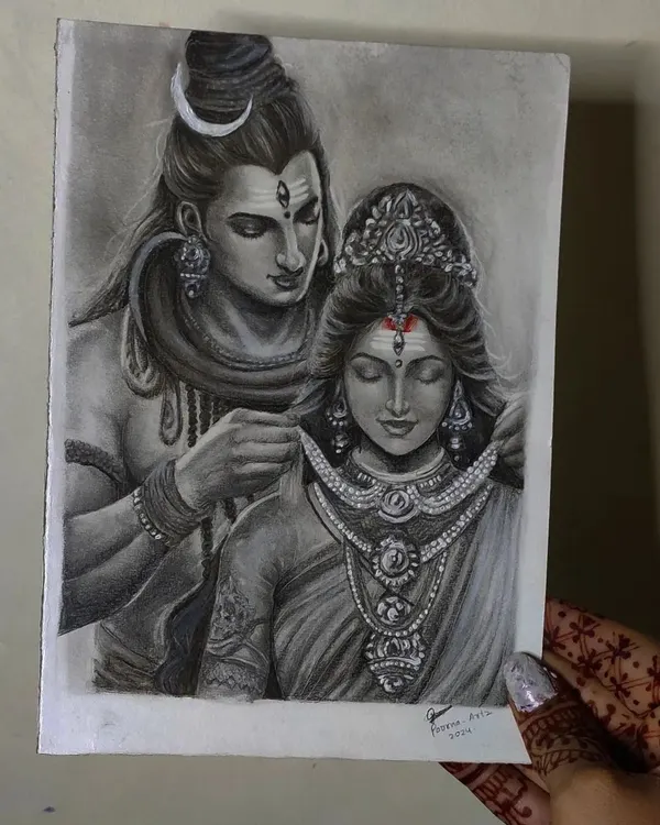 A full view of my completed Shiva and Parvati drawing, held to show its scale. This piece was created with a combination of Tombow graphite and Camlin charcoal pencils on thick Bristol paper.