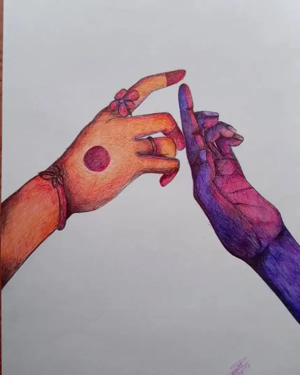 I created this pen artwork to express a moment that is beyond words. The two hands, each with different colors and details, represent a connection that I can only feel. It's a piece about emotion and unspoken understanding.