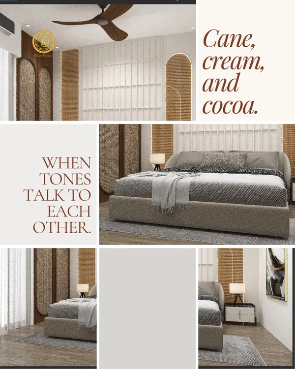 Cane, cream, and cocoa. This bedroom is a beautiful example of how tones can talk to each other, creating a warm, textured, and incredibly soothing atmosphere for rest.