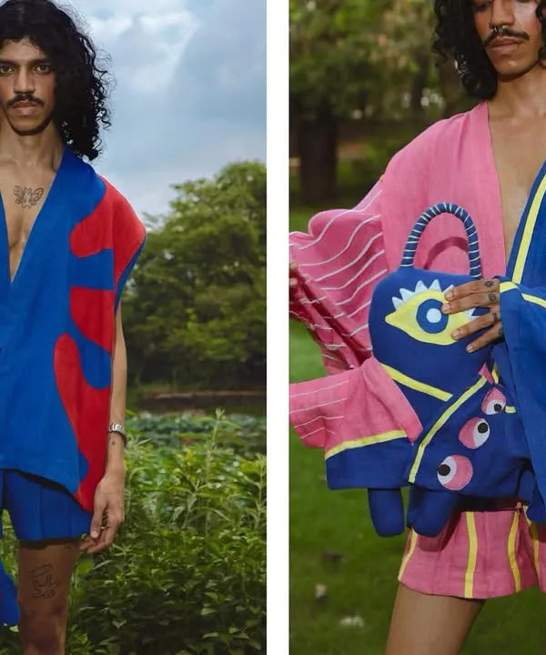 A diptych showcasing two looks from the Sazo.in campaign, featuring bold, colorful patterns in a natural, green environment. This format is ideal for lookbooks, displaying multiple outfits from a collection.